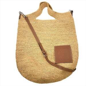 LOEWE Slit Mini Shoulder Bag in Beige Raffia Leather with Silver Hardware and...
